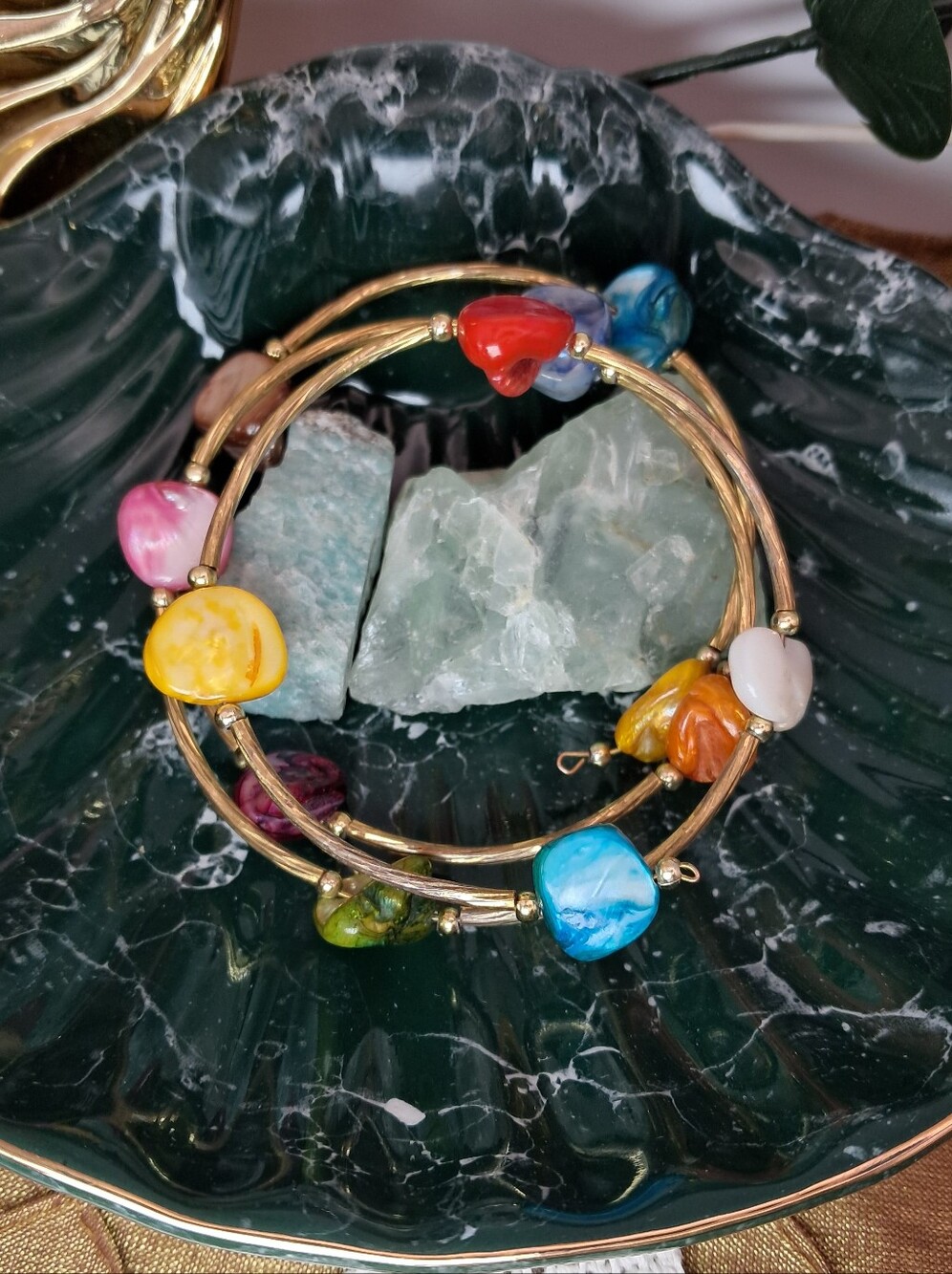 Dyed Abalone Shell Goldtone Memory Wire Wrap Bracelet